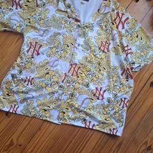 Custom Made in the USA, Hawaiian Floral CampShirt Featuring Baseballs and the NY